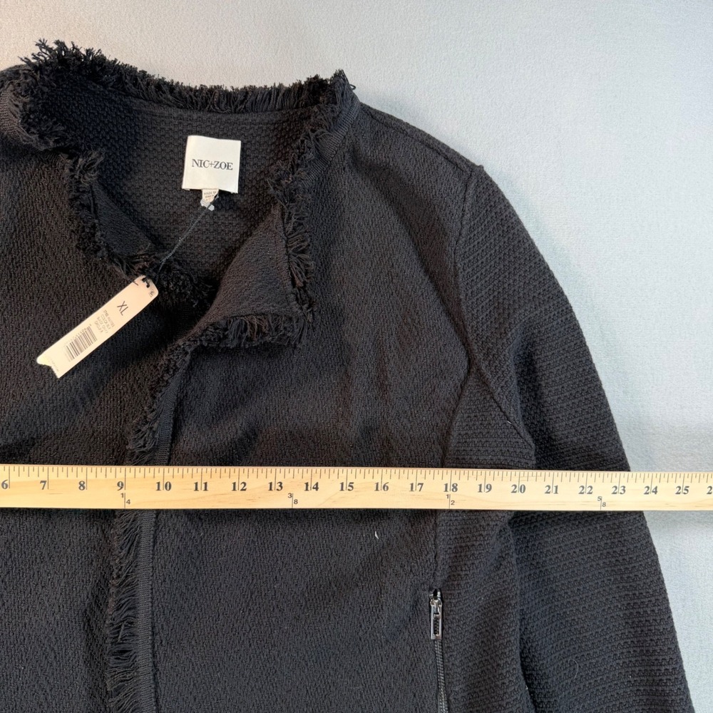 Nic + Zoe Black Textured Knit Frayed Trim Jacket XL NWT Zip Pockets Button Cuffs - Picture 2 of 8
